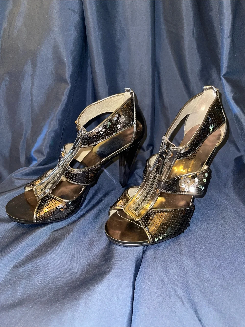 Michael Kors Metallic Bronze Sequin T-Strap Zip Leather Stilettos